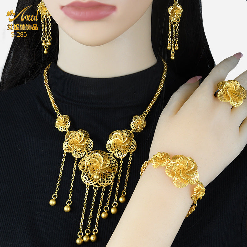 Renevo 2023 Dubai 24K Gold-Plated Flowers Hollow Jewelry Suit Necklace Earring Bracelet Ring Middle East Dubai Ornament