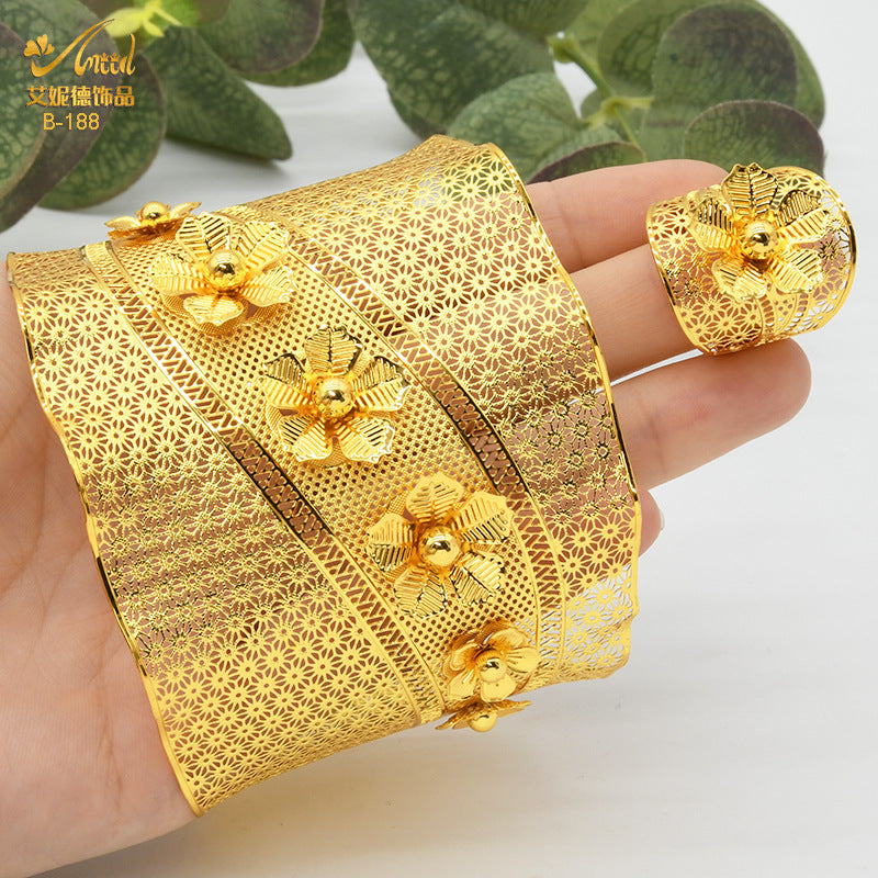 Renevo Middle East Dubai Ornament 24K Gold-Plated Flowers Big Bracelet Ring Jewelry Suit Wedding Bride Ethnic Style Bracelet