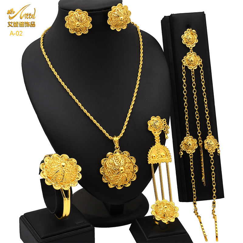 Renevo New Dubai 24K Gold Jewelry Suit African Bridal Necklace Earring Ring Bracelet Hairpin Head Chain Six-Piece Set