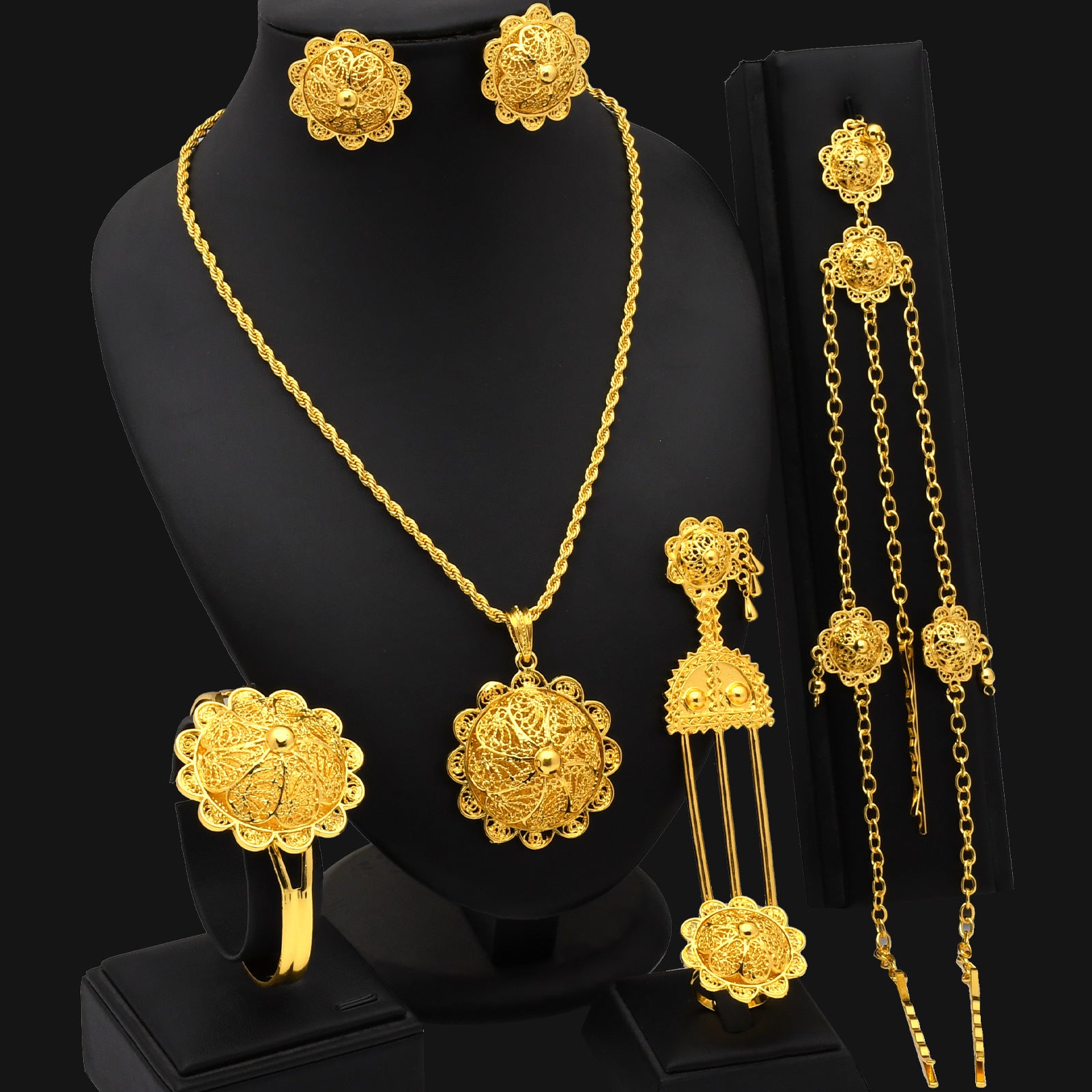 Renevo Dubai Bride 24K Ethiopia Necklace Ring Earrings Bracelet Hairpin Hairpin Six-Piece Set in Stock