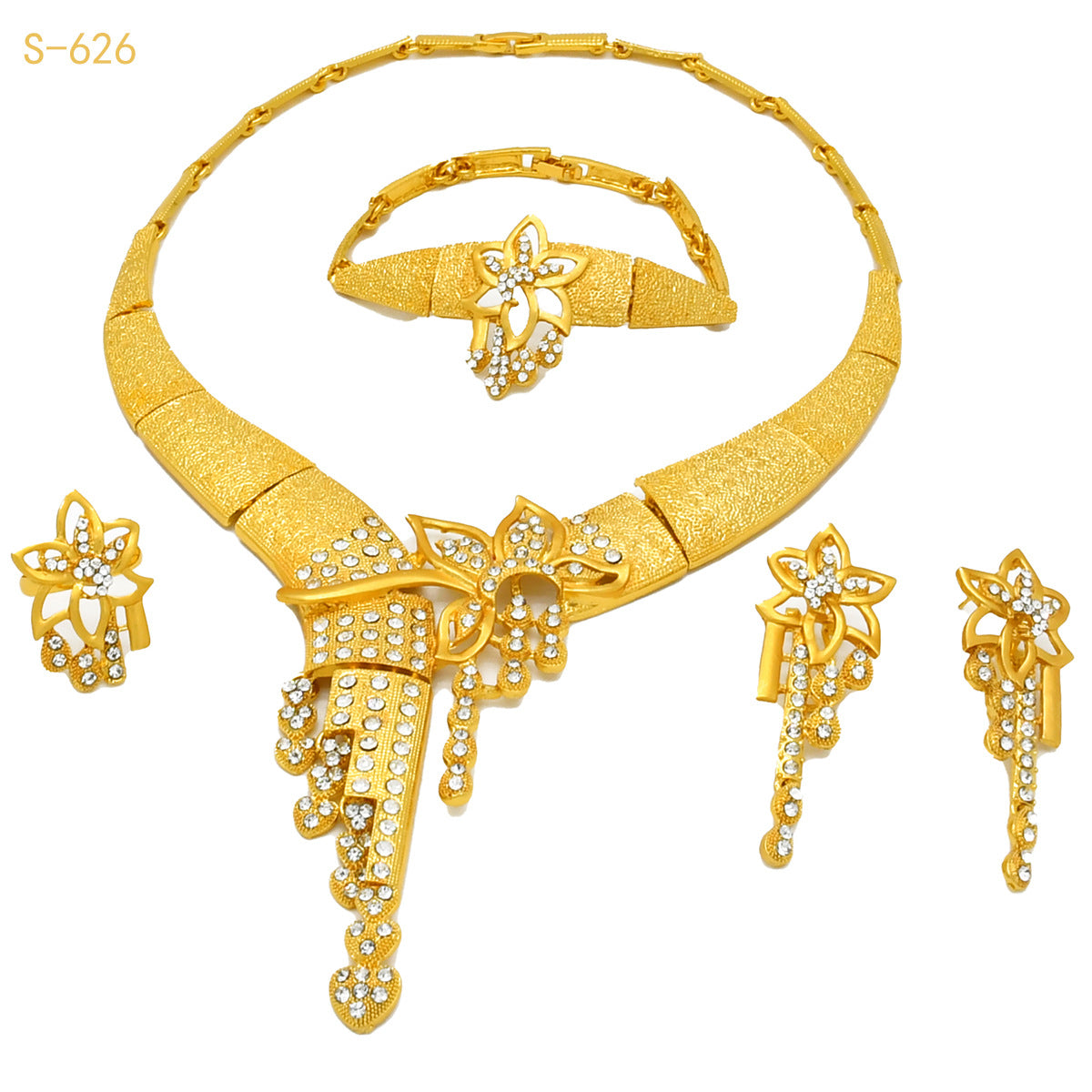 Renevo Nigeria Middle East Bride Gold-Plated Jewelry Suit Flower Exaggerated Long Necklace Ring Bracelet Earrings Four-Piece Set