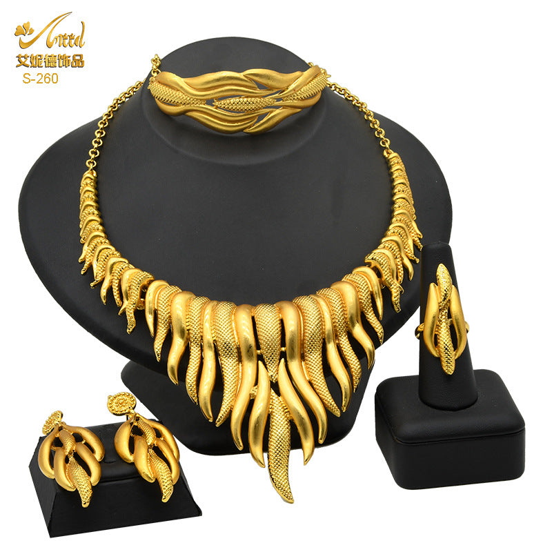 Renevo African Gold Jewelry Suit Women's Dubai Bridal Ornament Necklace Bracelet Earrings Four-Piece Ring Set in Stock Lot