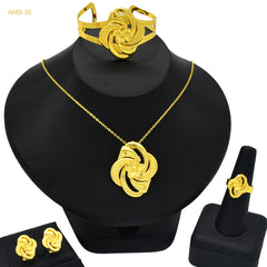 Renevo 24K Gold-Plated Jewelry Suit Flower Three-Petal Grass Pendant Necklace Earrings Bangle Suit Ring Fashion Ornament