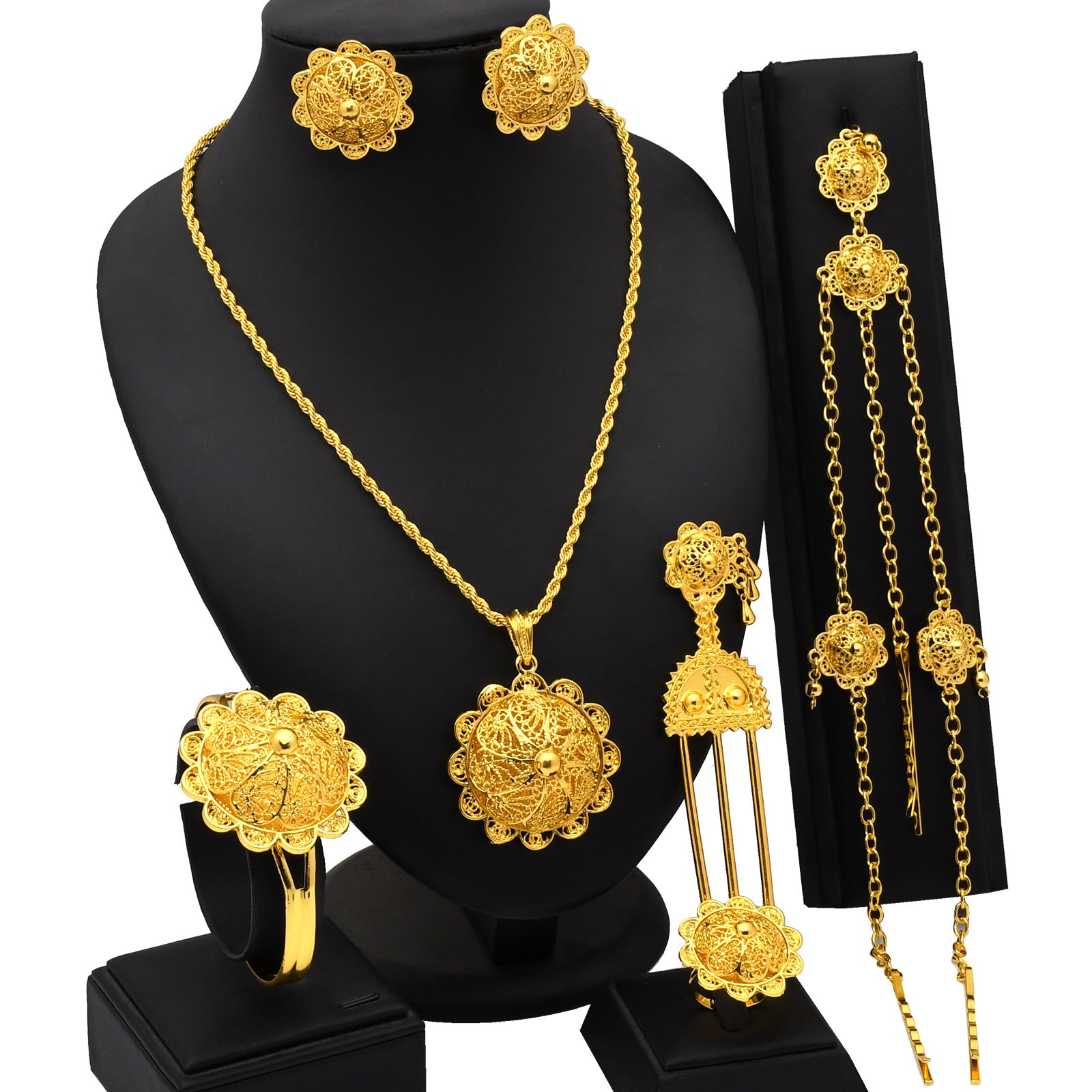 Renevo New Dubai 24K Gold Jewelry Suit African Bridal Necklace Earring Ring Bracelet Hairpin Head Chain Six-Piece Set