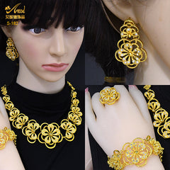 Renevo 24K Gold Dubai Hot Bridal Four-Piece Set Flower Jewelry African Alloy Necklace Bracelet Earrings Ring