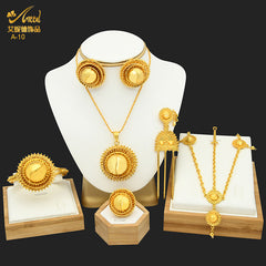 Renevo New Dubai 24K Gold Jewelry Suit African Bridal Necklace Earring Ring Bracelet Hairpin Head Chain Six-Piece Set