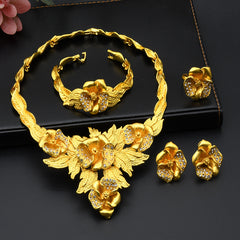 Renevo Dubai 24K Gold Accessories African Bridal Jewelry Suit Saudi Women Necklace Bracelet Earrings Four-Piece Ring Set