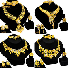 Renevo Nigeria Middle East Bride Gold-Plated Jewelry Suit Flower Exaggerated Long Necklace Ring Bracelet Earrings Four-Piece Set