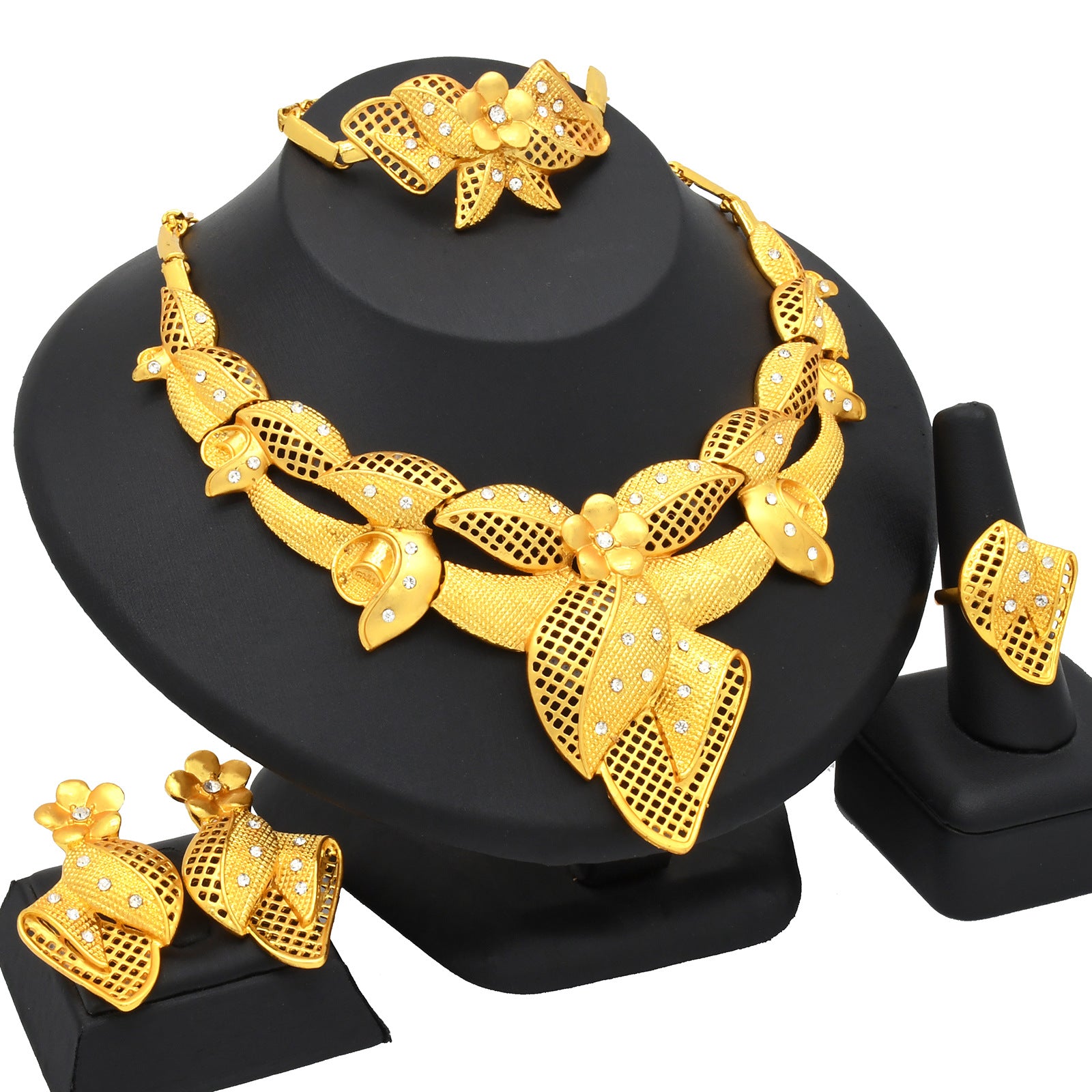 Renevo Hot Selling Four-Piece Set India Dubai Alluvial Gold Jewelry Necklace Bracelet Ring Earrings Bridal Wedding Big Jewelry